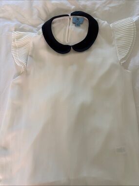CeCe ivory/cream blouse with navy Peter Pan collar, size S